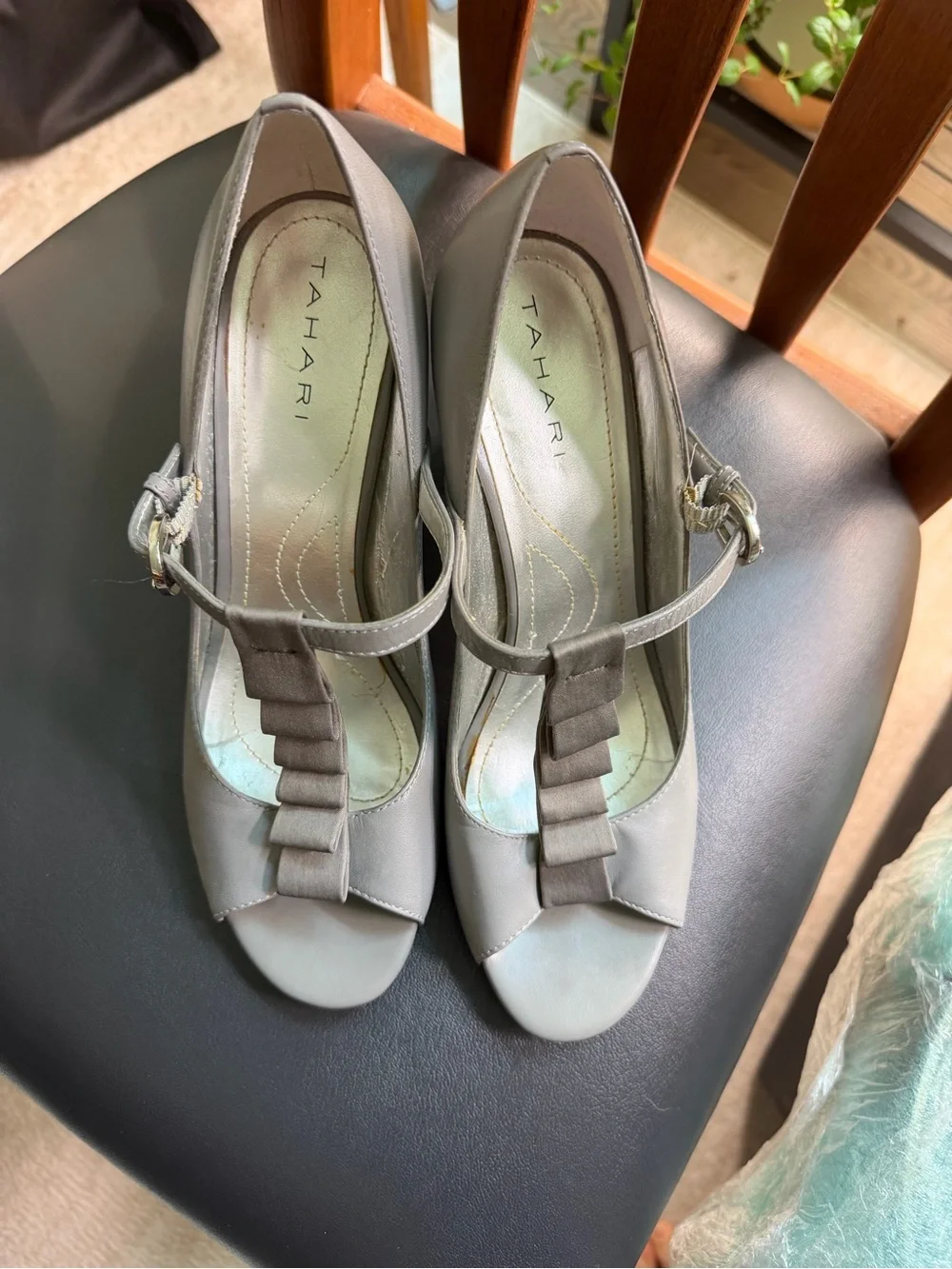 Tahari Gray Mary Peep-Toe T-Strap Heels with Ruffle Accent